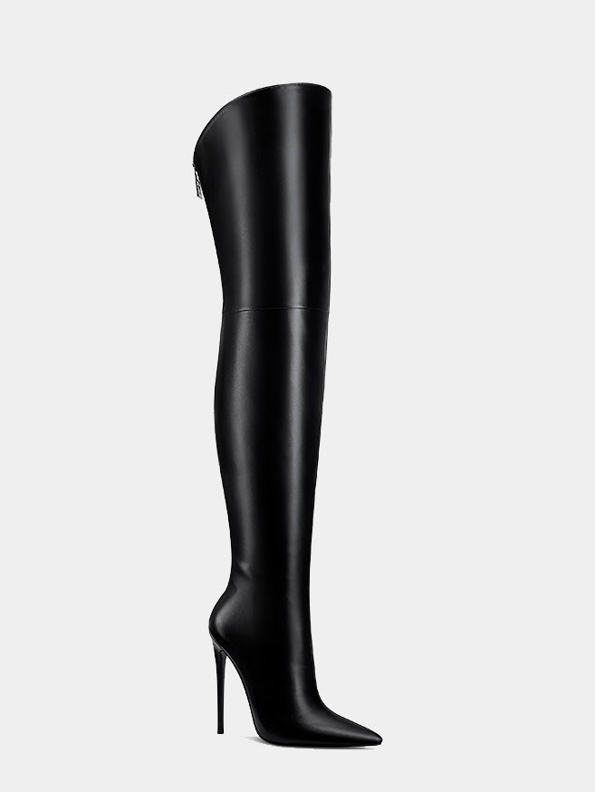 Women's Wide Slouch Pleated Boots Thigh High Heel Boots in Black Bright  Leather - Milanoo.com