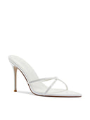 Donatella 100 in Patent White, side view showing the criss-cross strap design across the open toe