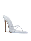 Donatella Mule in Patent White, three-quarter back view showing the criss-cross straps and backless heel counter
