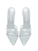 Top-down view of a pair of Donatella Mule in Patent White, showing the criss-cross strap design and pointed toe