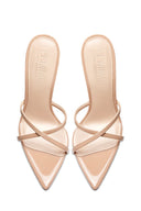 Femme LA Donatella Mule in Nude – top-down pair view, crossed nude patent leather straps, FEMME LOS ANGELES embossed insoles