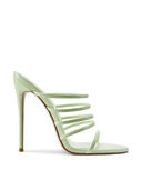 Kalós Slipper in Celestial Sage Patent - side view of multi-strap mule with open pointed toe and stiletto heel