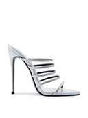 Kalós Slipper in Patent White - side view of multi-strap mule with open pointed toe and stiletto heel