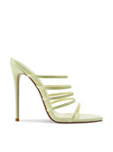 Kalós Slipper in Yellow patent - side view of multi-strap mule with open pointed toe and stiletto heel