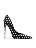 Law Pump in Satin Polka Black & White, front view of pointed-toe pump