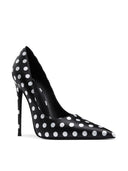 Law Pump in Satin Polka Black & White, side profile showing stiletto heel