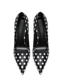 Law Pump in Satin Polka Black & White, back view of heel