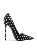Law Pump in Satin Polka Black & White, top-down view of polka dot print