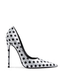 Law Pump in Satin Polka White & Black, front view of pointed-toe pump