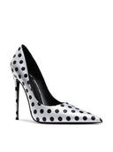 Law Pump in Satin Polka White & Black, side profile showing stiletto heel