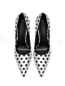 Law Pump in Satin Polka White & Black, back view of heel