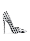 Law Pump in Satin Polka White & Black, top-down view of polka dot print