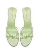 Maeve Slipper in Celestial Sage - overhead view of the pair showing the knotted strap and open toe