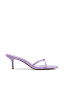 Maeve Slipper in Lilac - side view of satin kitten-heel mule with knotted strap and open toe