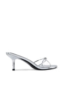 Maeve Slipper in Platinum metallic finish, top-down view of knotted strap
