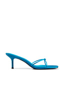 Maeve Slipper in Teal satin, front view of knotted strap over open toe