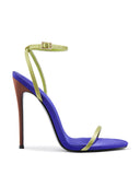 The Necessary Sandal in Tricolor, purple chartreuse and brown colorblock vegan leather stiletto sandal, front view