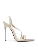 Vesper Sandal in Nude, front view of sculptural wraparound satin straps
